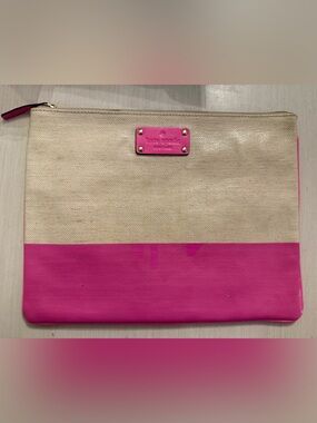 kate spade Cream Natural Hot Pink Coated Waxed Canvas Pouch Clutch Floral Preppy